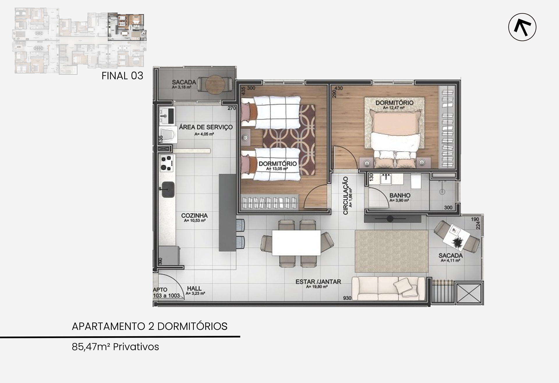 Apartamento de 2 dormitórios — 85,47m² (Final 03)