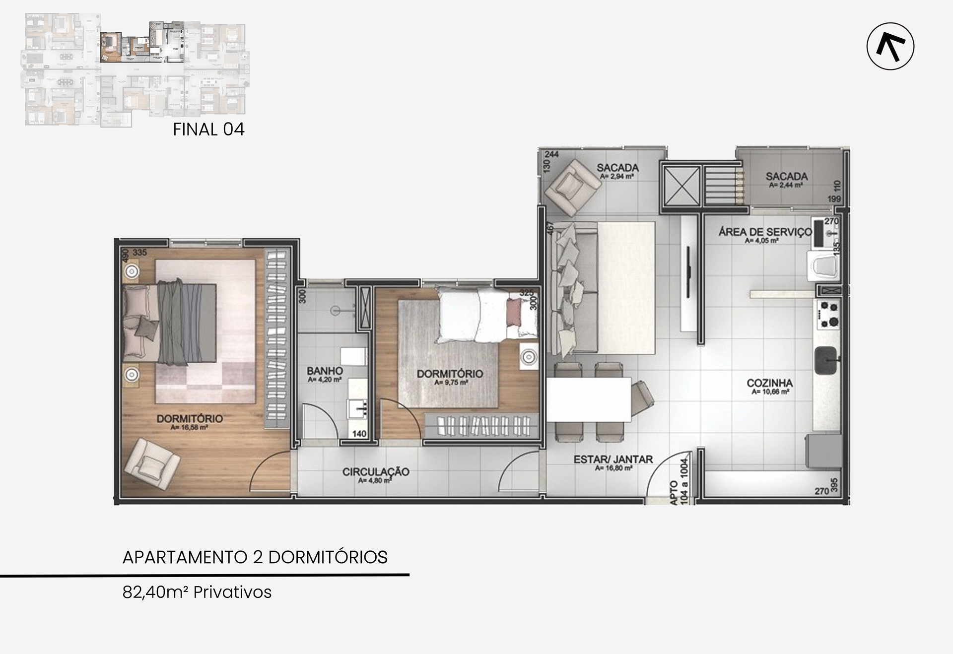 Apartamento de 2 dormitórios — 82,40m² ( Final 04)
