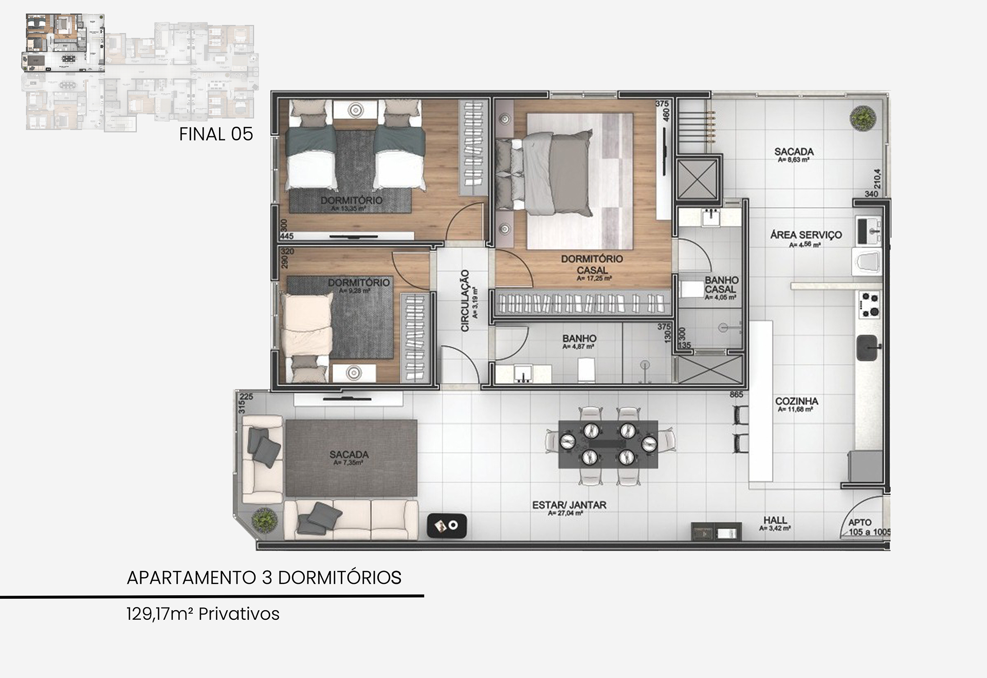 Apartamento de 3 dormitórios — 129,17m² (Final 05)