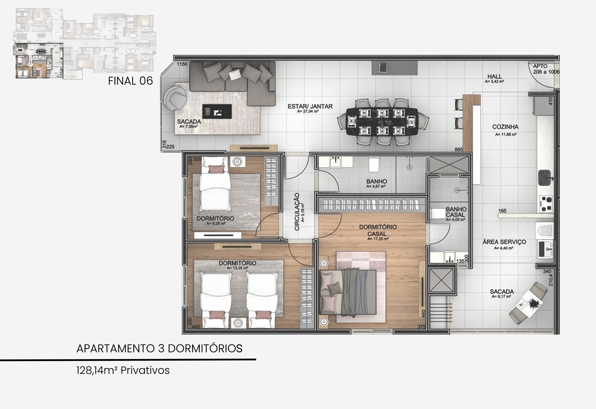 Apartamento de 3 dormitórios — 128,14m² (Final 06)